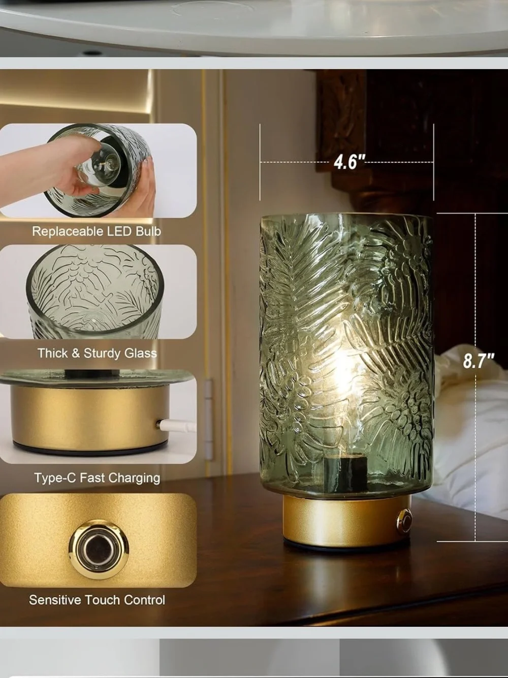 Decorative Green Glass Table Lamp with Gold Base - Home Accents